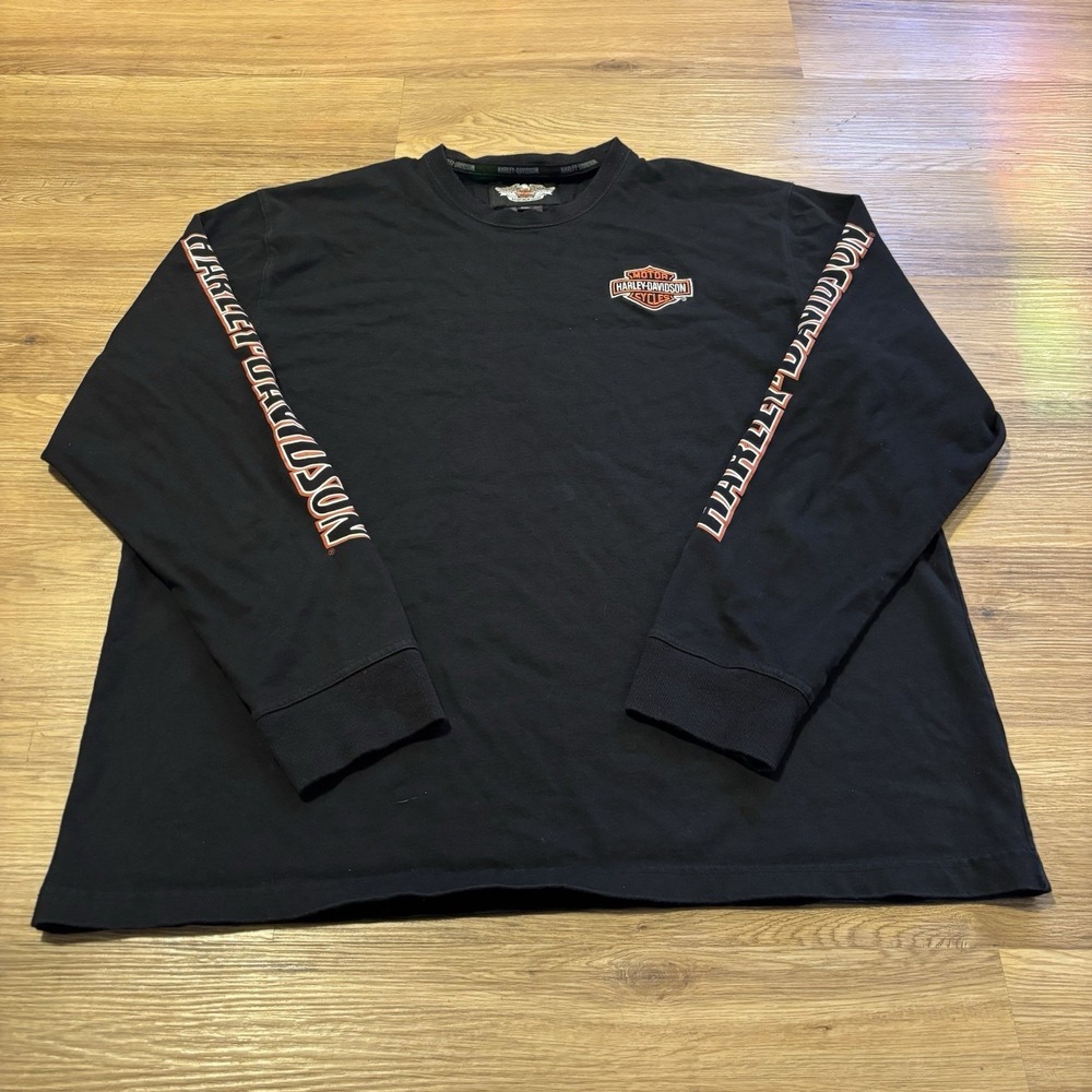 Harley Davidson Mens T-Shirt 2XL Black Long Sleeve Graphic Spellout Logo XXL Y2K